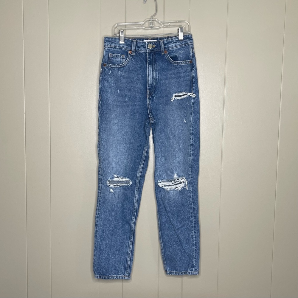 Zara high rise distressed strait leg jeans medium blue wash